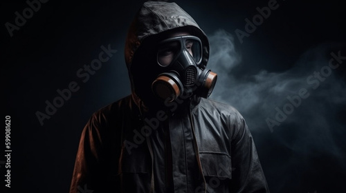 Man in gas mask and hoodie on a dark background with smoke.generative ai