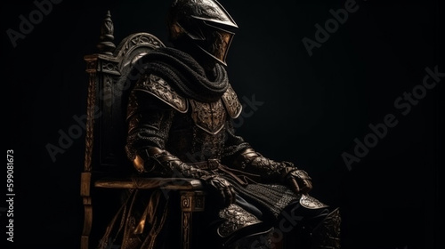 Medieval knight sitting on a throne in the dark. Fantasy medieval period.generative ai