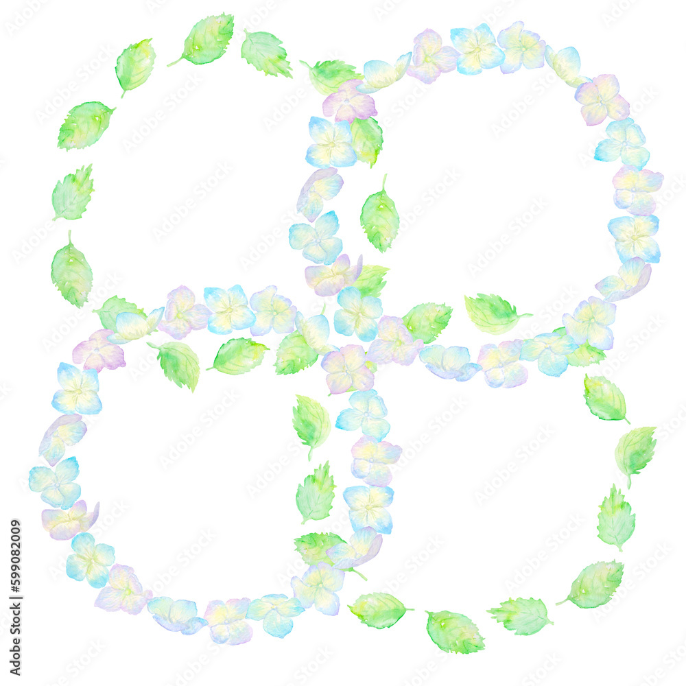 紫陽花の花と葉で作ったリースを折り重ねている。水彩絵の具で描いた背景透過のイラスト。 紫陽花の花と葉で作ったリースを折り重ねている。水彩絵の具で描いた背景透過のイラスト。