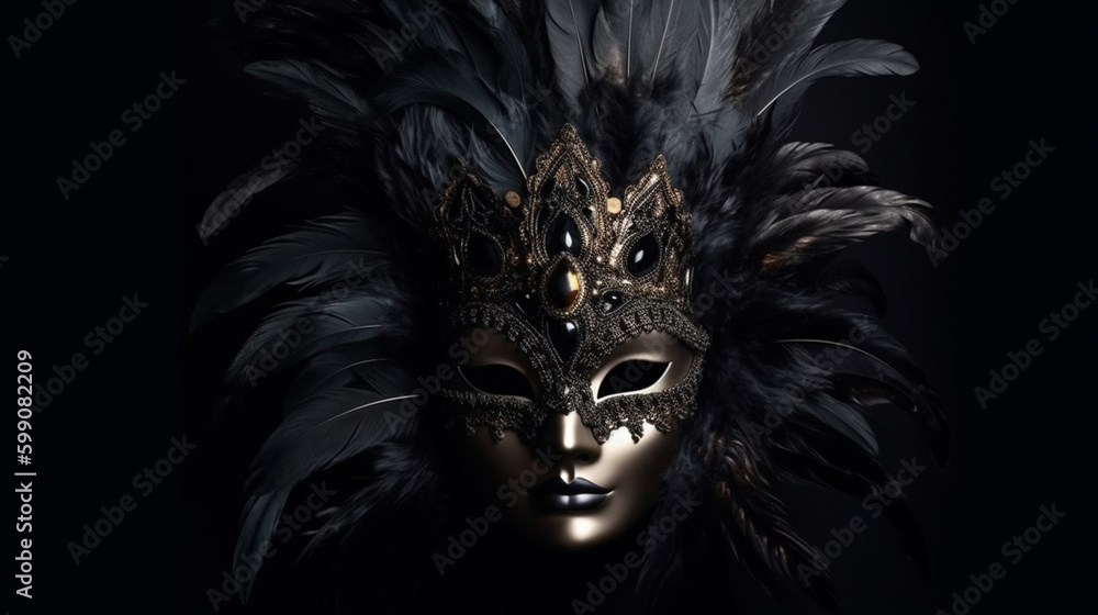 Beautiful Venetian mask with feathers on a black background.generative ai Beautiful Venetian mask with feathers on a black background.generative ai