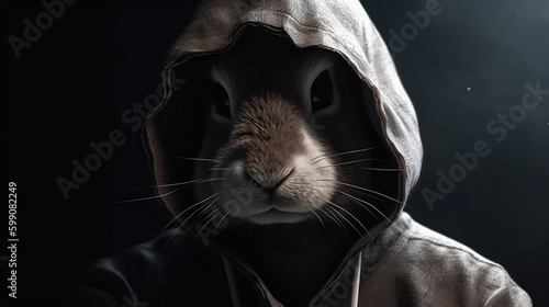 Portrait of a cute rabbit in a hood on a black background.generative ai