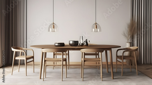 Interior design of modern dining room, dining table and wooden chairs. 3d rendering © Prasanth