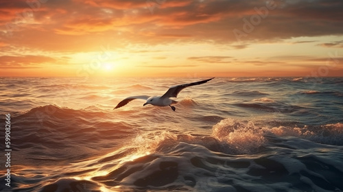 Seagull flying over the sea at sunset.generative ai