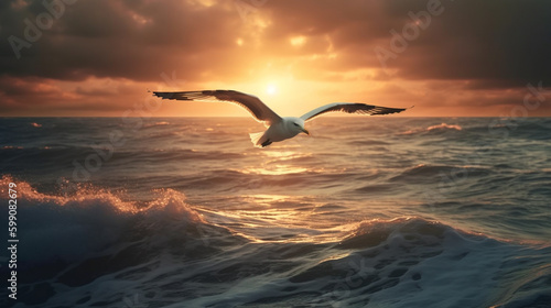 Seagull flying over the sea at sunset.generative ai © S...