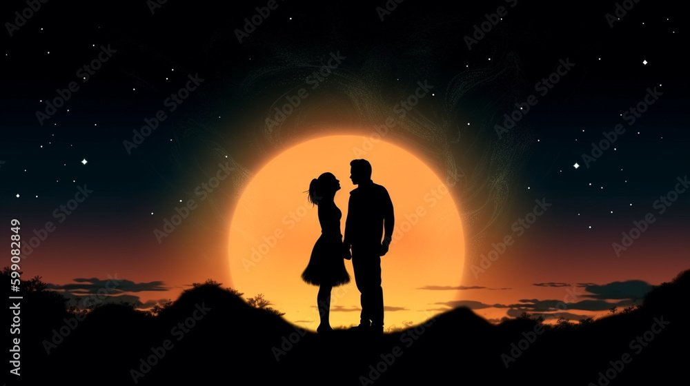 Silhouette of a couple in love against the background of the moon.generative ai