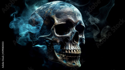 Human skull with blue smoke on black background.generative ai