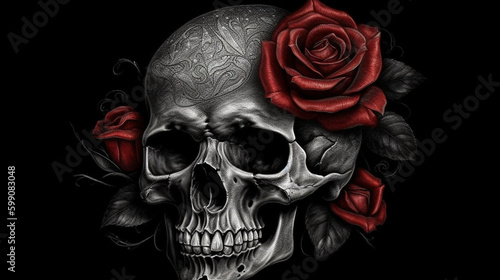 Skull with red roses on black background. Halloween concept.generative ai