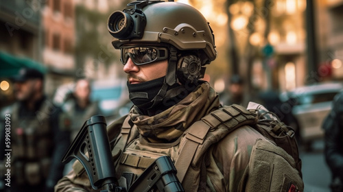 Detail of Italian special forces soldier during demonstration in Milan.generative ai