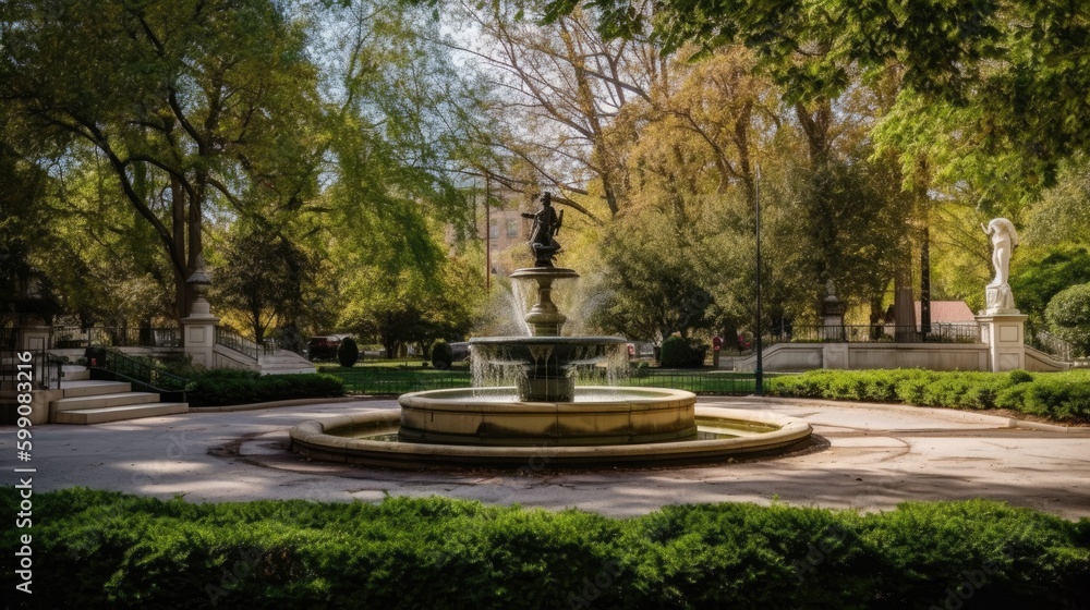 A statue water fountain in the park. Generative AI