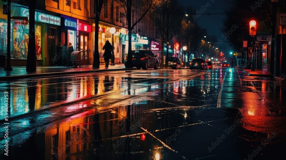 A city street at night with colorful reflections. Generative AI