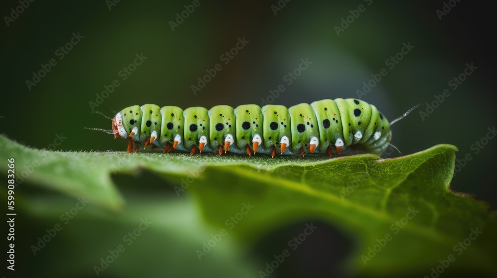  clsoe-up green caterpillar on a leaf. Generative AI