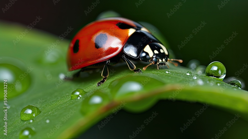 Fototapeta premium A close-up ladybug on a leaf with rain drops. Generative AI 