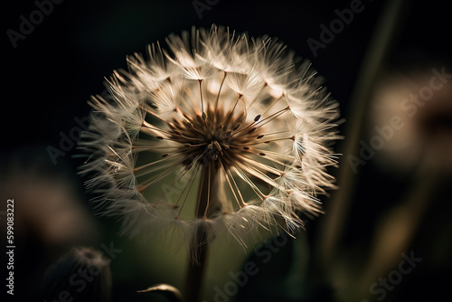 Fluffy dandelion with ripe seeds with parachute-like  structure. Beauty in nature. Spring plant. Generative AI