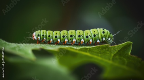  clsoe-up green caterpillar on a leaf. Generative AI © Mockup Station
