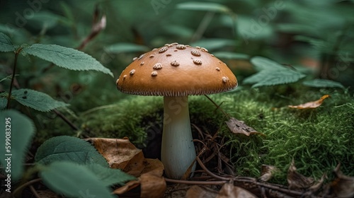 A close-up mushroom in the forest with foliage. Generative AI