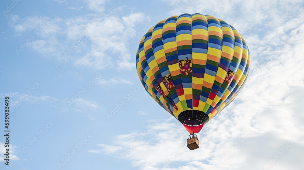 Naklejka premium A hot air balloon with colorful patterns flying over the blue sky. Generative AI