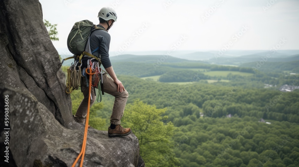 Obraz premium A rock climber on the top of the mountain. Generative AI 