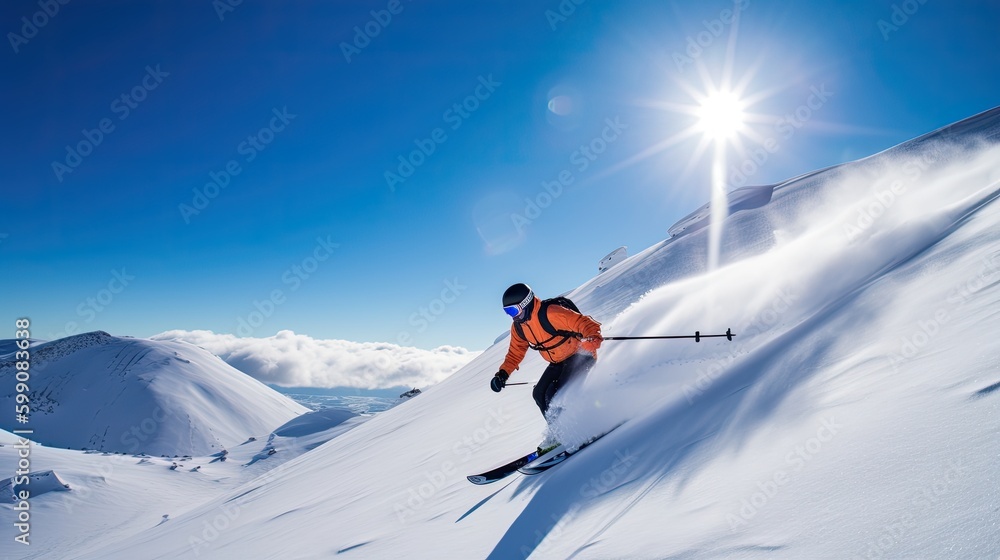 A person skiing on the snowy mountains with a blue sky.  Generative AI 