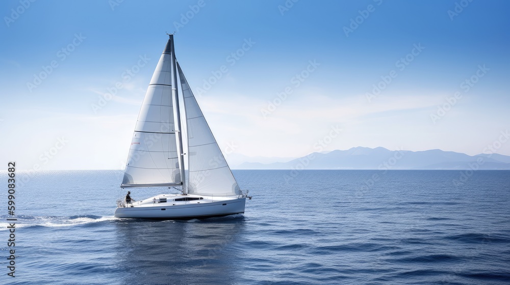A white sailboat on a blue ocean background. Generative AI