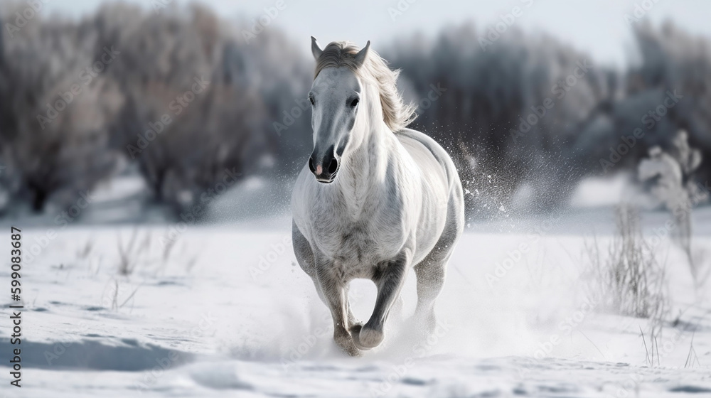 Beautiful white horse galloping in the snow.generative ai Beautiful white horse galloping in the snow.generative ai