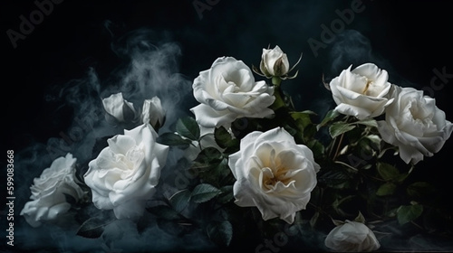 Beautiful white roses on a dark background with smoke. Copy space.generative ai