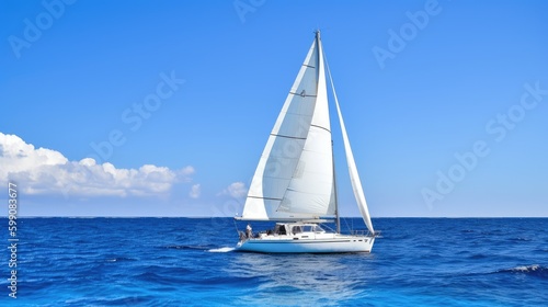 A white sailboat on a blue ocean background. Generative AI © Mockup Station
