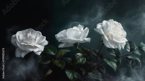 Beautiful white roses on a dark background with smoke. Copy space.generative ai
