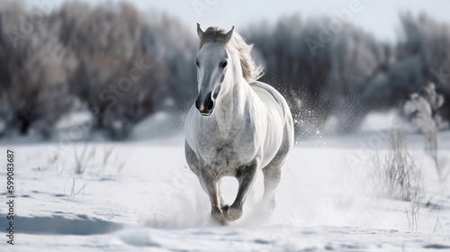 Beautiful white horse galloping in the snow.generative ai