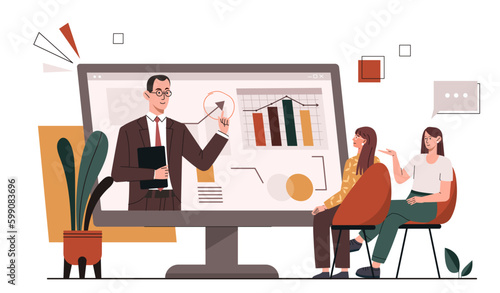 Digital presentation concept. Women look at monitor screen, man shows graphs and charts. Distance education, learning and training. Analyst shows market research. Cartoon flat vector illusstration photo