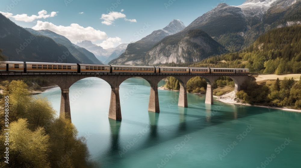 A train crossing a bridge over the lake and mountains. Generative AI 
