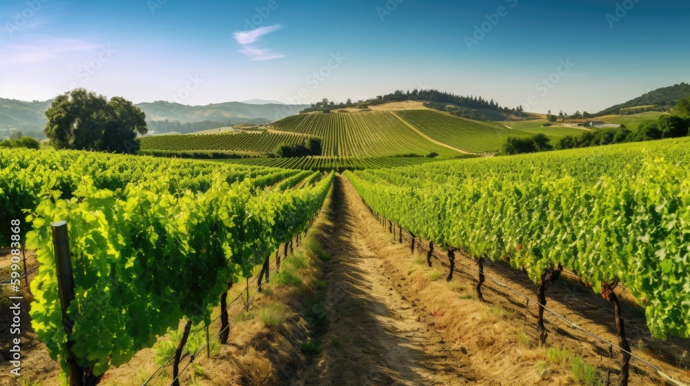 A vineyard with rows of grape vines. Generative AI