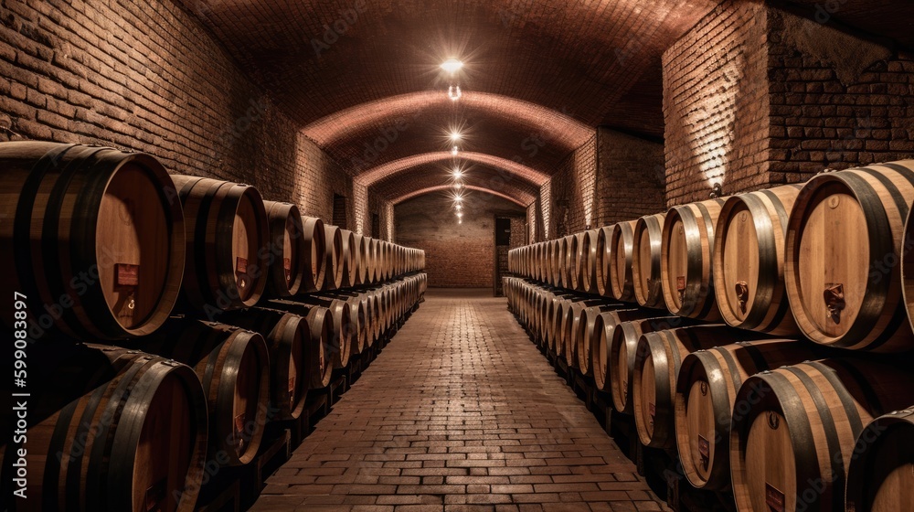 A wine cellar with rows of bottles of wooden barrels. Generative AI