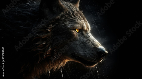 Close up of wolf with lightning on black background.generative ai