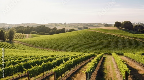 A vineyard with rows of grape vines with a wine-tasting area. Generative AI