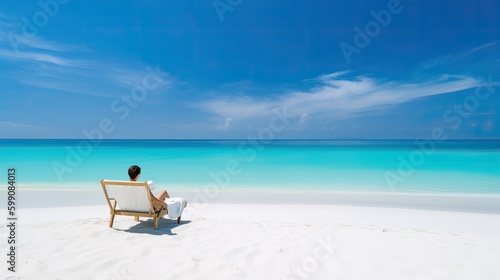 A person relaxing on the beach with white sand, blue water, and sky. Generative AI