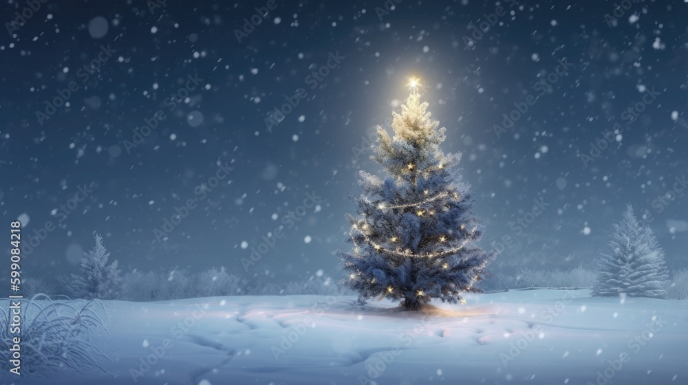 A glowing Christmas tree on a snowy background. Generative AI