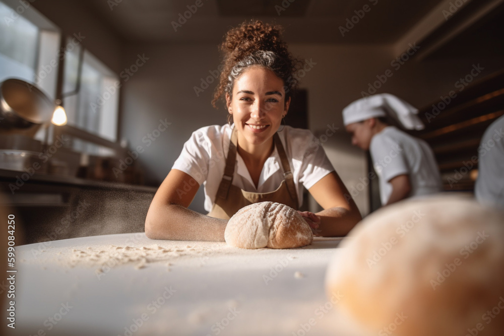Casual photo of a female baker looking at the camera and working with dough, daylight, sun rays, dough dust, corporate photography. made with ai - obrazy, fototapety, plakaty 