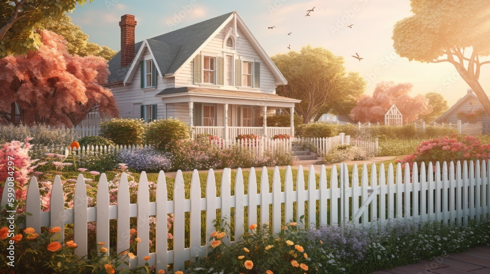 A cozy house with a white picket fence and a front yard garden. Generative AI A cozy house with a white picket fence and a front yard garden. Generative AI