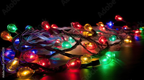 A close-up of Christmas light bulbs on a tree. Generative AI 