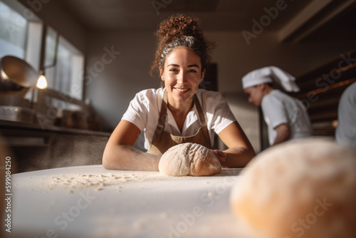 Fotografia Casual photo of a female baker looking at the camera and working with dough, daylight, sun rays, dough dust, corporate photography