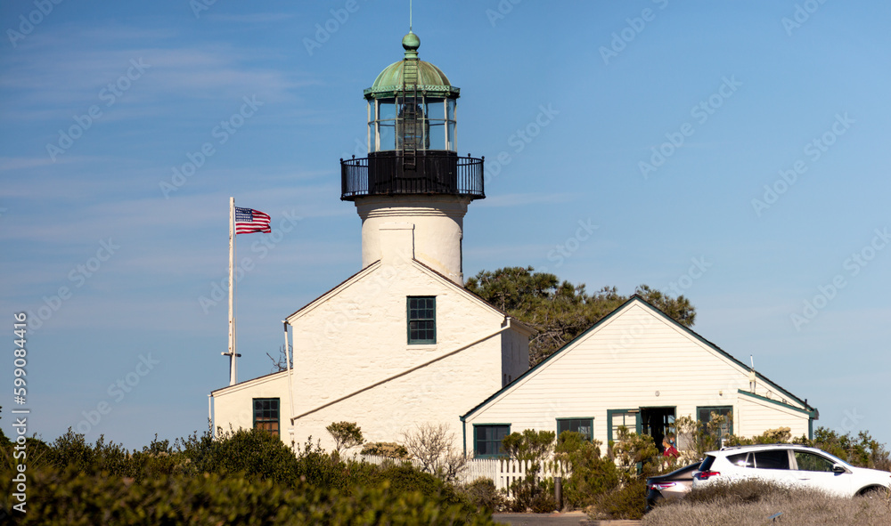Point Loma, CA, USA - November 26, 2021:  Views of the Old Pont Loma Light house and surrounding sea and land panorama.
