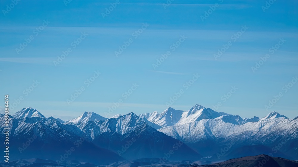 Obraz premium A mountain range with snow-capped peaks and a blue sky. Generative AI 