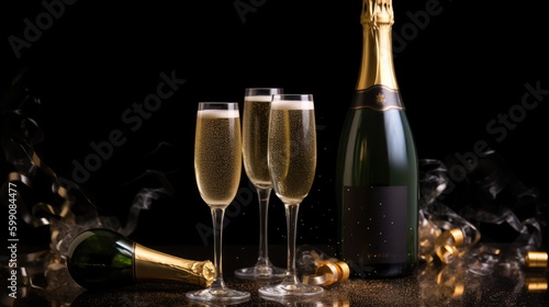 A champagne bottle and glasses on a dark background. New Year's Eve celebration concept. Generative AI 