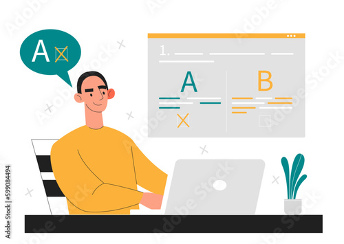 Testing ab concept. Man sits at laptop and checks code for applications and programs. Programmer and IT specialist in workplace. Website page oiptimization. Cartoon flat vector illustration
