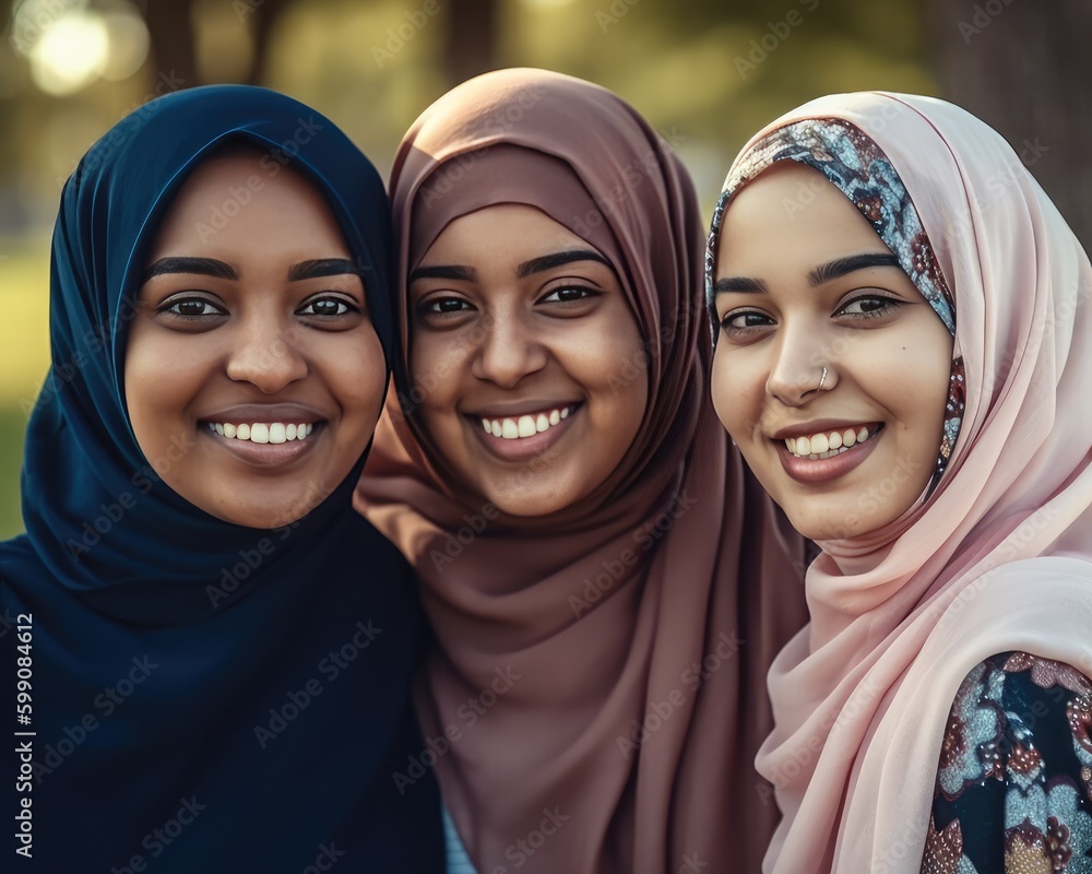 Smiling young middle eastern women wearing a hijab looking at the camera. generative AI Smiling young middle eastern women wearing a hijab looking at the camera. generative AI
