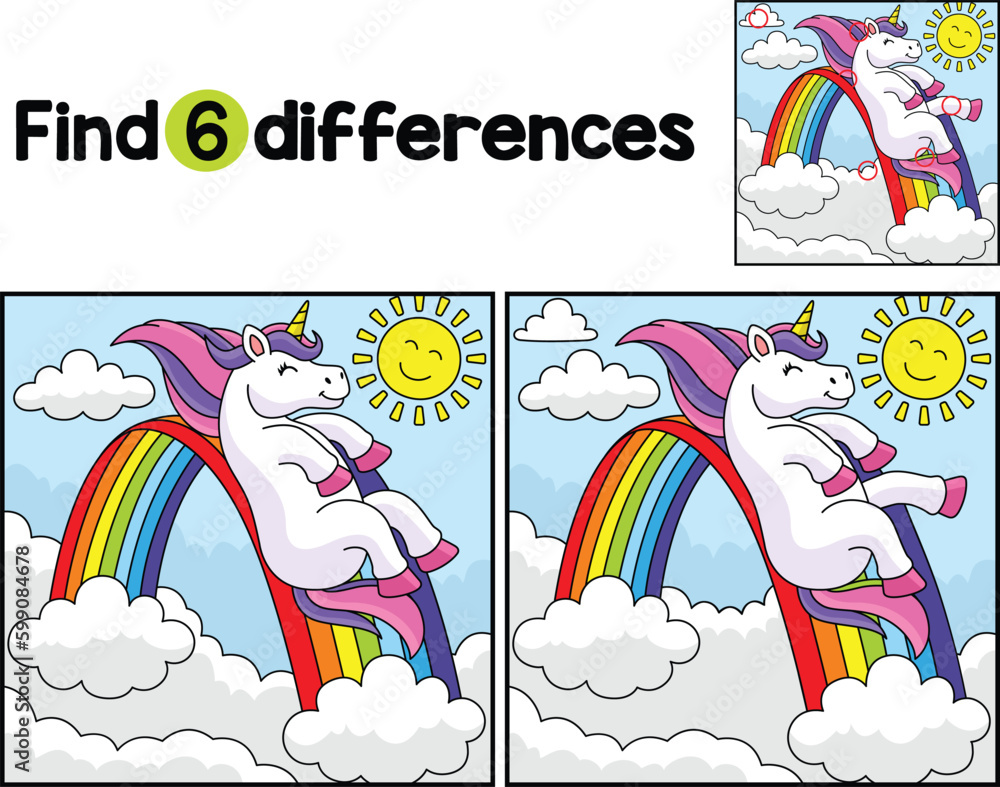Unicorn Sliding on Rainbow Find The Differences Generative AI