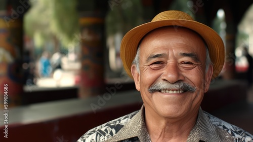 Smiling hispanic senior man looking at the camera. Generative AI 