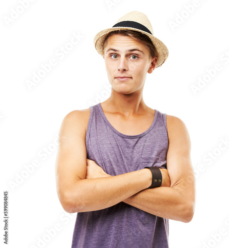 Summer style for men. Studio portrait of a casually dressed young man standing with his arms folded isolated on white.