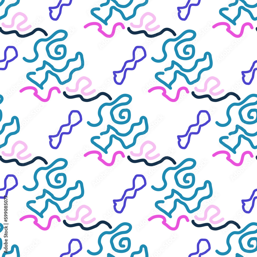 Seamless color pattern of linear doodle squiggles. The style of the 90s. Bright abstract design for background, banner, poster of various shapes. Vector illustration. Generative AI
