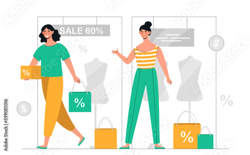 Sales representative concept. Women with shopping bags in store or supermarket. Love for shopping. Discounts and promotions, special and limited offer